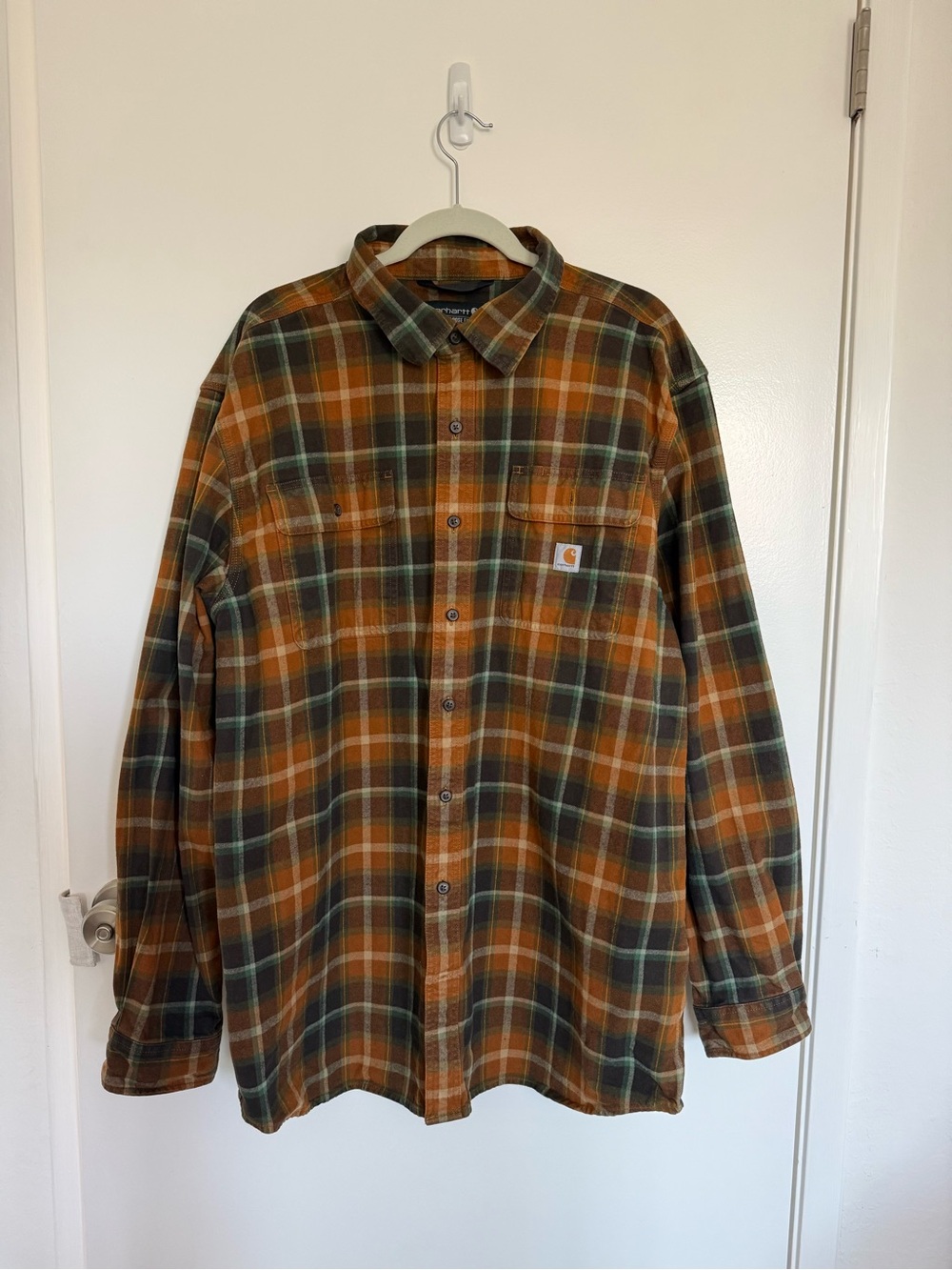 Carhartt Orange Plaid Work Shirt XL Tall Button Front Mens Shirt
